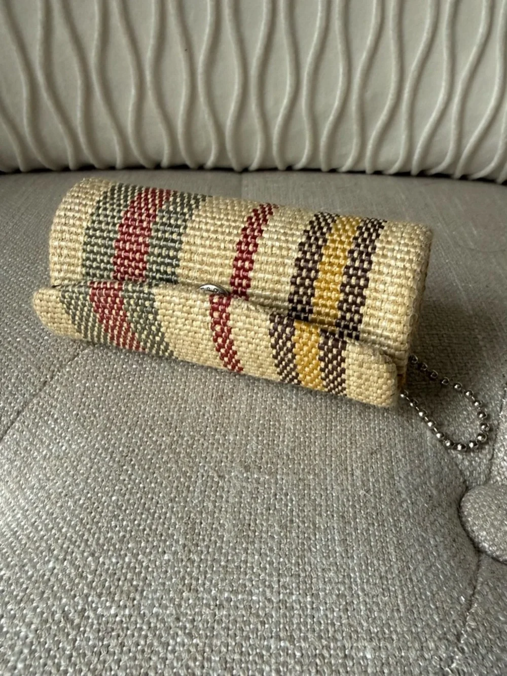 Woven Multi-Stripe Lipstick Case Holder with Mirror & Ball Chain Accessory
